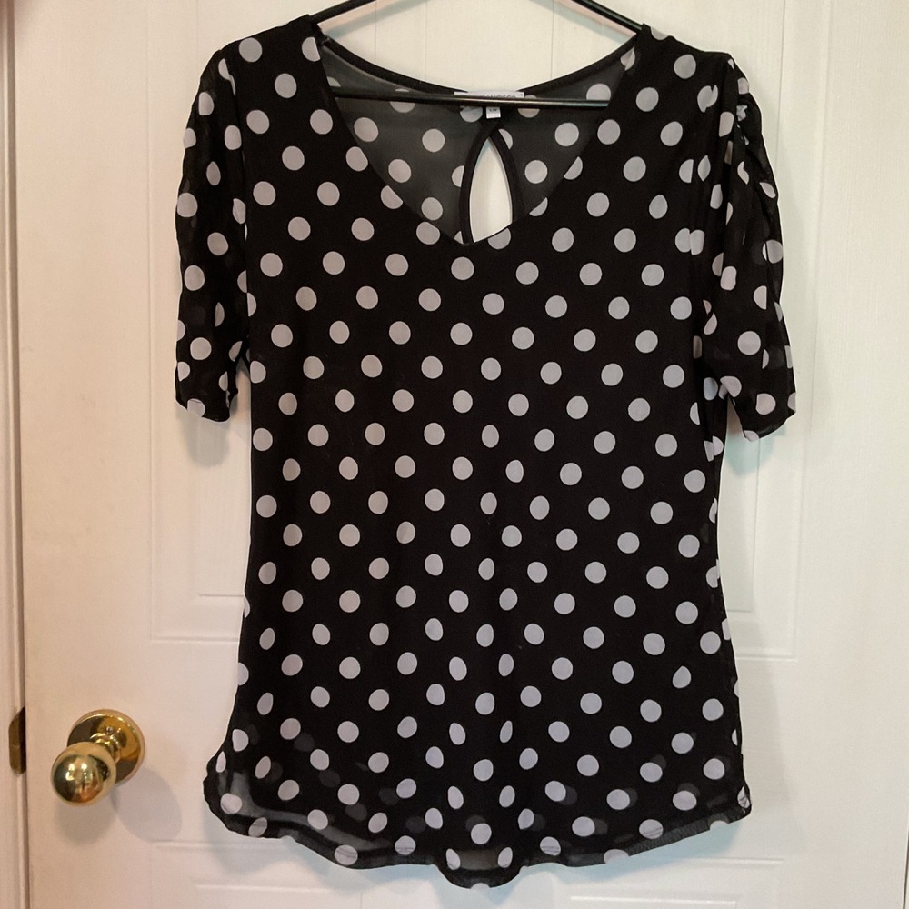 San Francisco Polka Dot Top Womens Large Black Excellent Mesh Keyhole Blouse